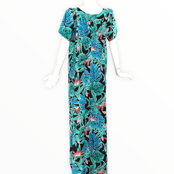 🌟VINTAGE🌟 1990s Hilo Hattie Maxi Dress Mumu Caftan Fun & Floral Bright Flowers - Picture 3 of 4